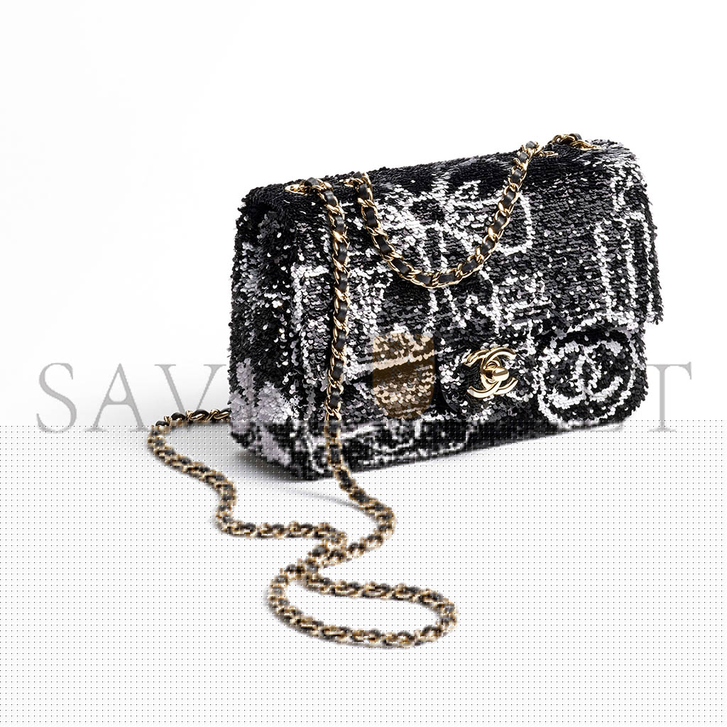 Ch*el flap bag sequins & gold-tone metal black & white as4561 (21*14*8cm)